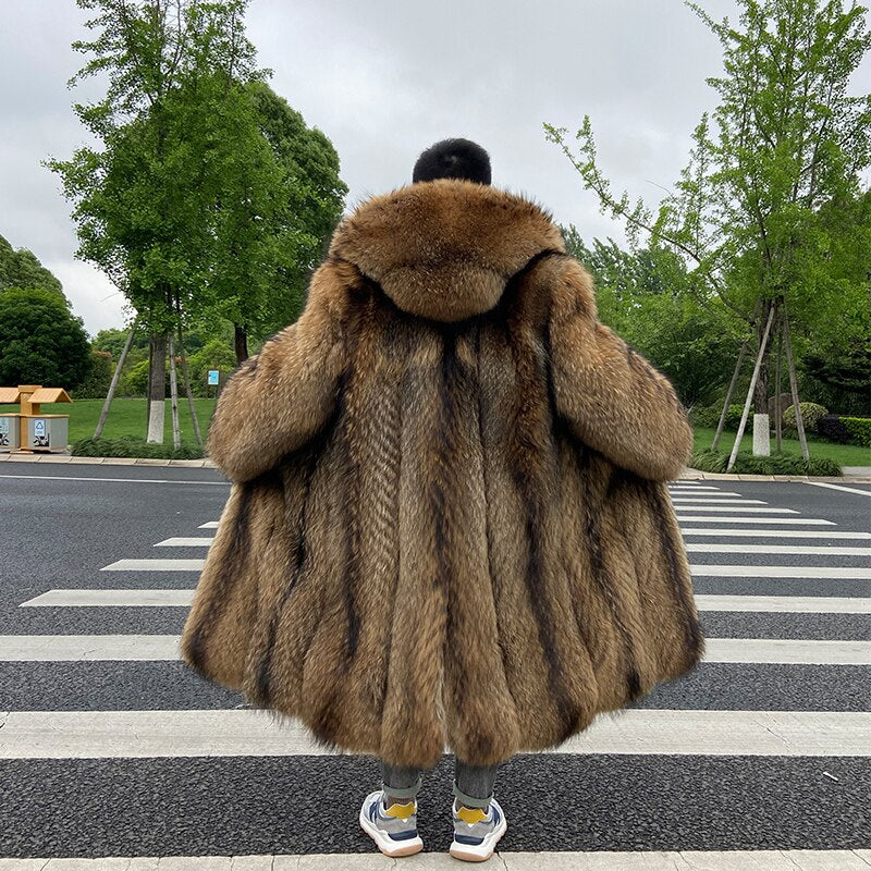 Natural Thick Hooded X-Long Fur Coat