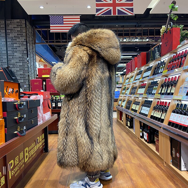 Natural Thick Hooded X-Long Fur Coat