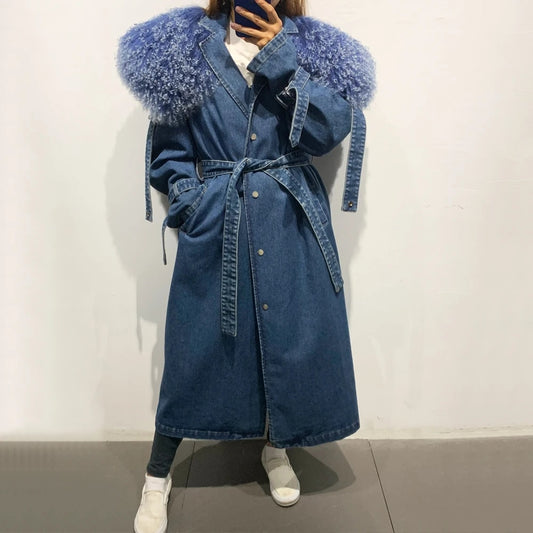 X-Long Denim Trench Coat Real Fur Big Collar