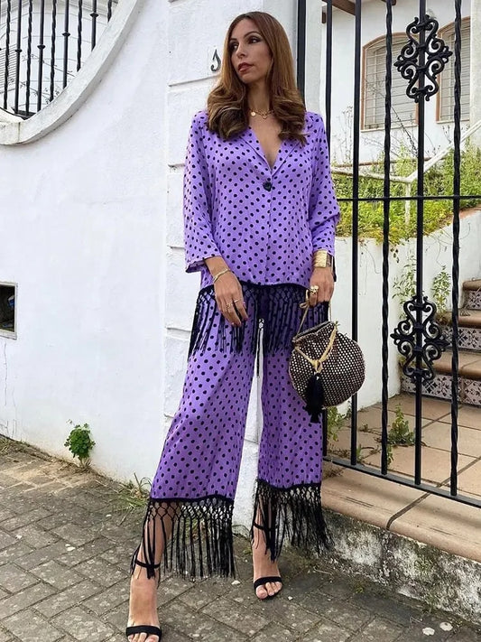 Dot Tassels Long Sleeve Blouse & Pants Sets