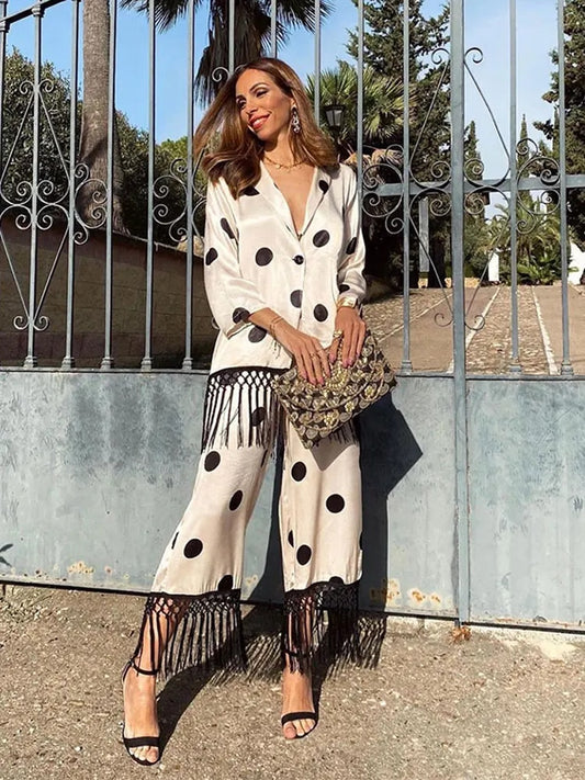 Dot Tassels Long Sleeve Blouse & Pants Sets