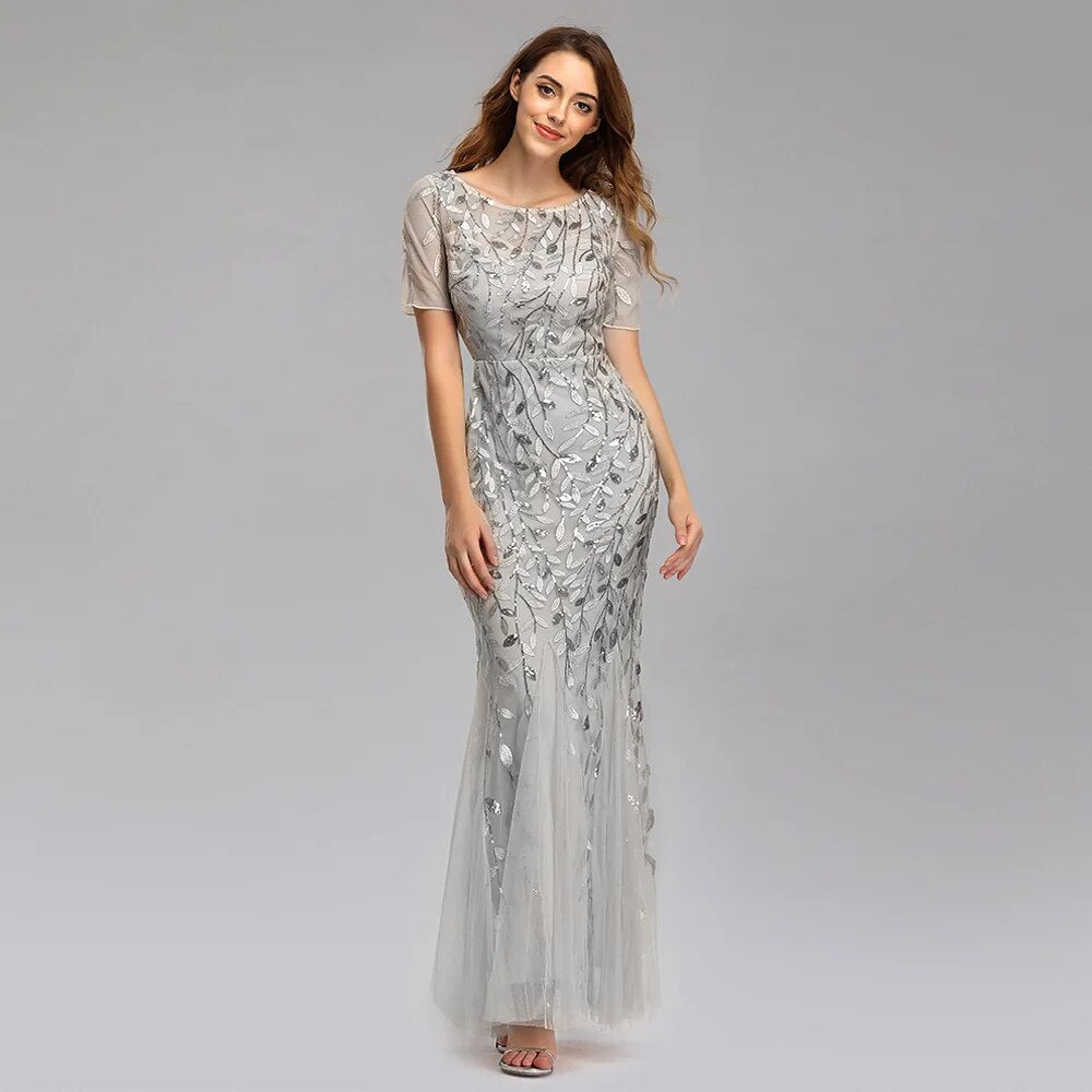 Leaf Sequin Mesh  Fishtail Evening Dresses