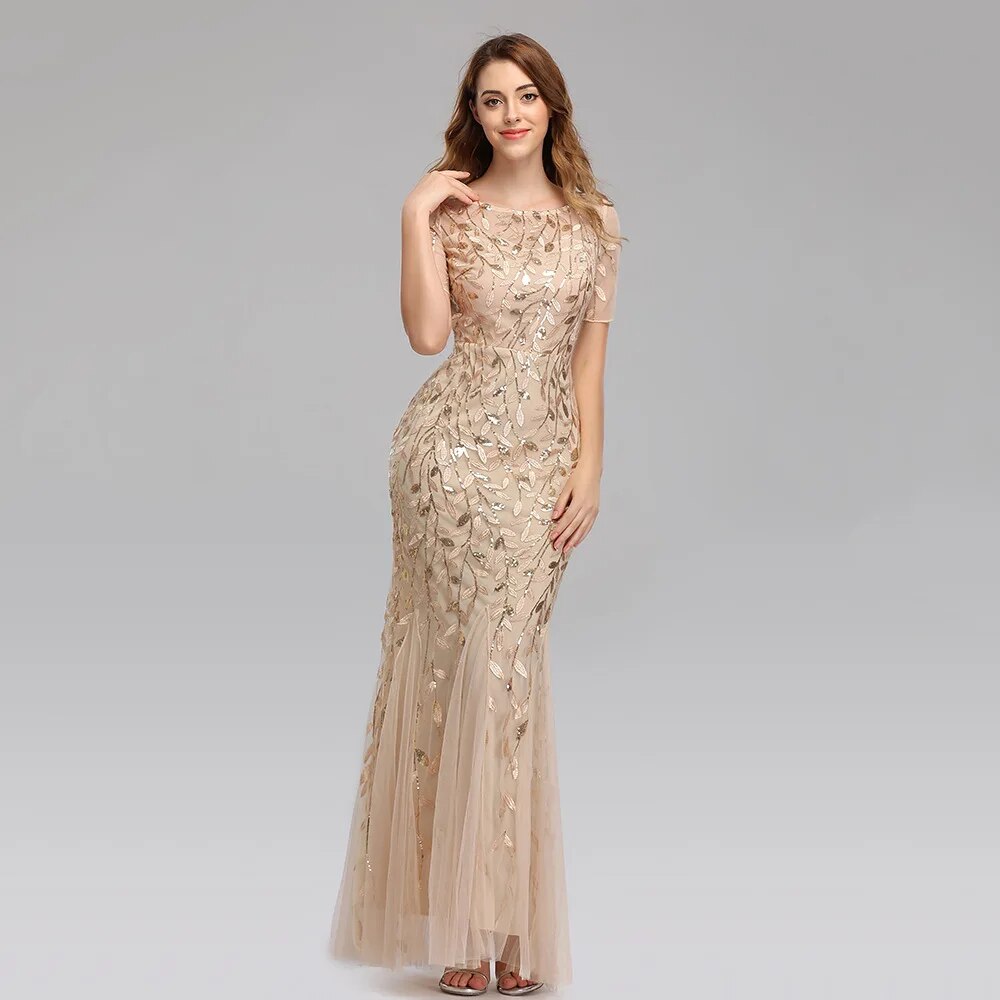 Leaf Sequin Mesh  Fishtail Evening Dresses