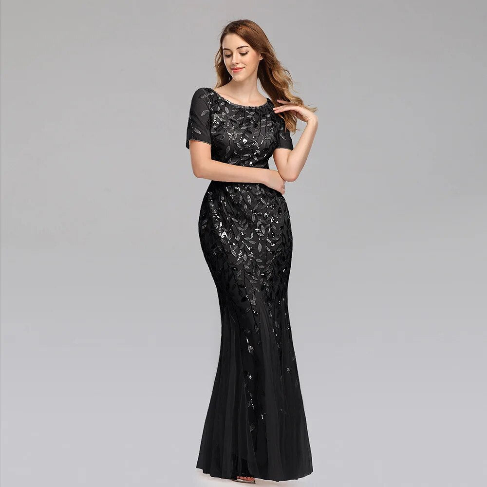 Leaf Sequin Mesh  Fishtail Evening Dresses