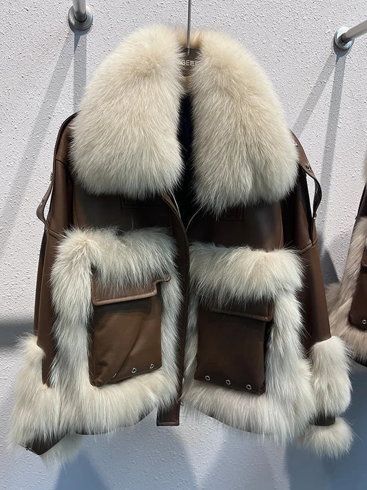Genuine Leather Goose Down Coat Natural  Fur Collar & Trim