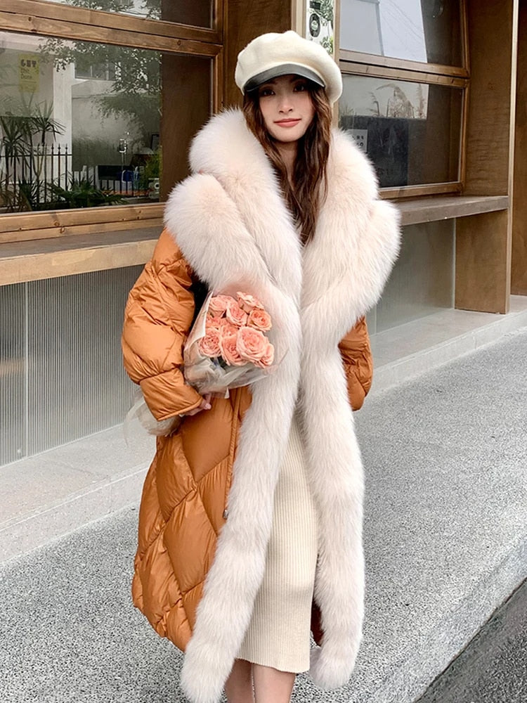 Winter 90% Goose Down Jacket Natural Fox Fur Collar Long Thick Warm Women  Coat Hooded Puffer Jacket Luxury Outwear Female Coat