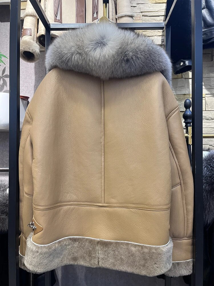 Genuine Leather Coats Real Fur Collar Merino Sheep Shearling