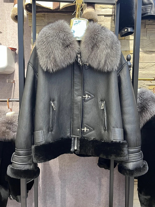 Genuine Leather Coats Real Fur Collar Merino Sheep Shearling