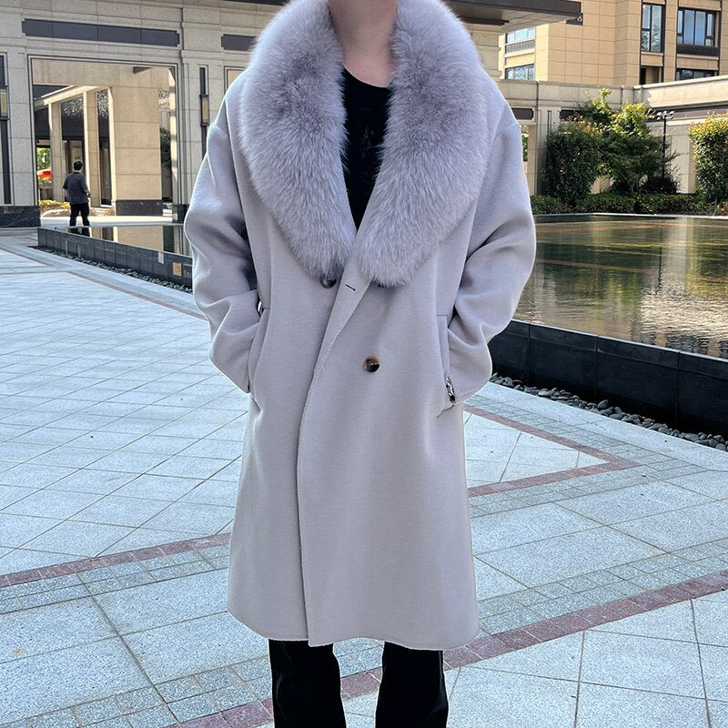 Real Wool Detachable Big Real Fox Fur Collar Long Coats