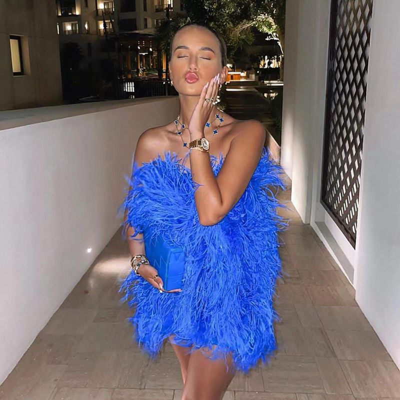 Ostrich Feather Tube Mini Dresses