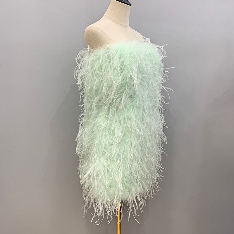 Ostrich Feather Tube Mini Dresses