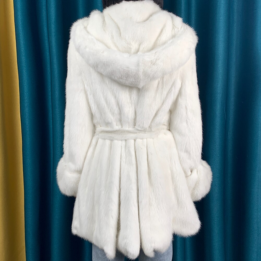 Real Mink Fur Coat With Big Hood Skirt Coats