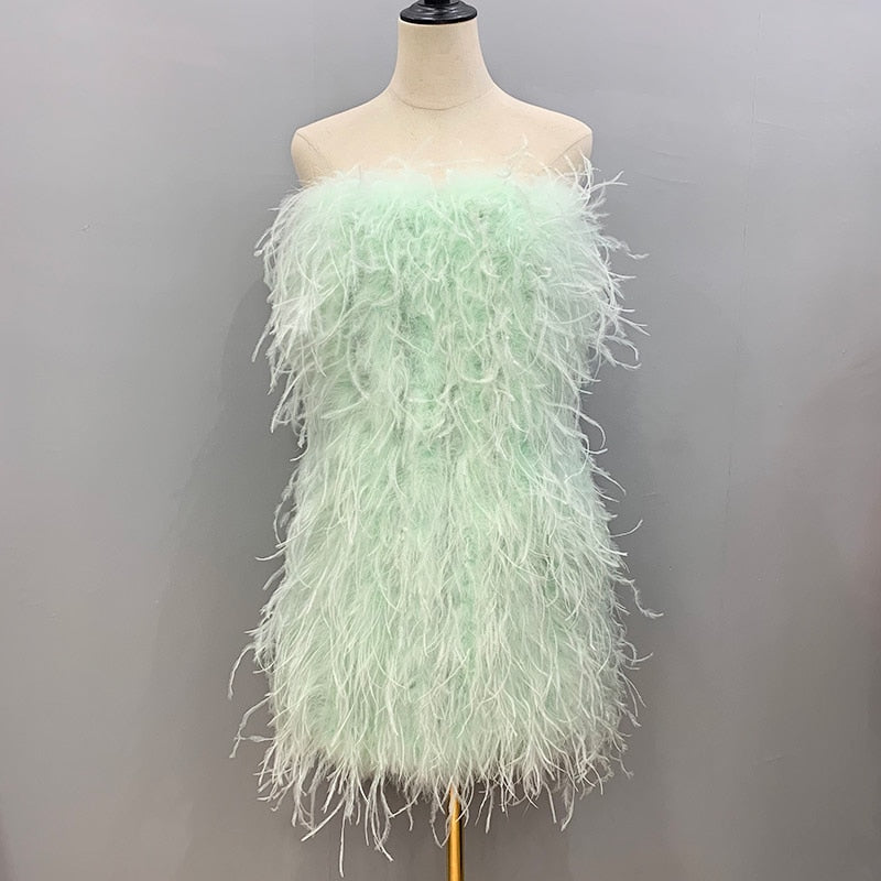 Ostrich Feather Tube Mini Dresses