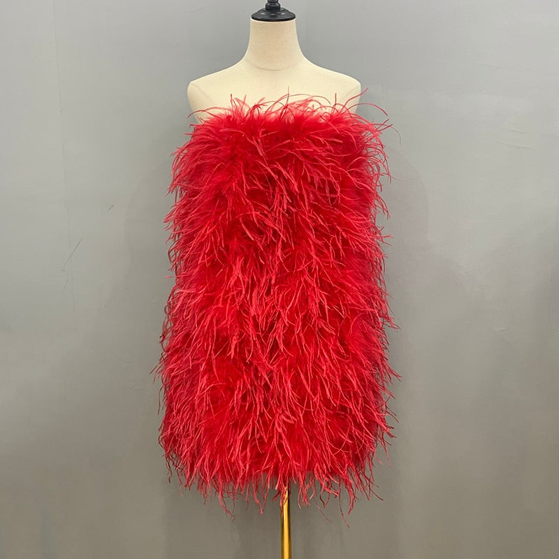 Ostrich Feather Tube Mini Dresses