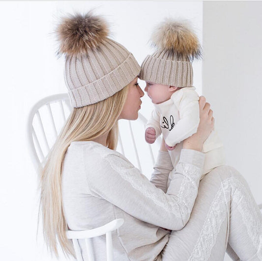 Mom & Newborn Baby Crochet Knit Hairball Beanie