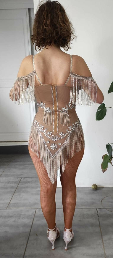 Rhinestones Fringes Mesh Bodysuit Crystal Chains