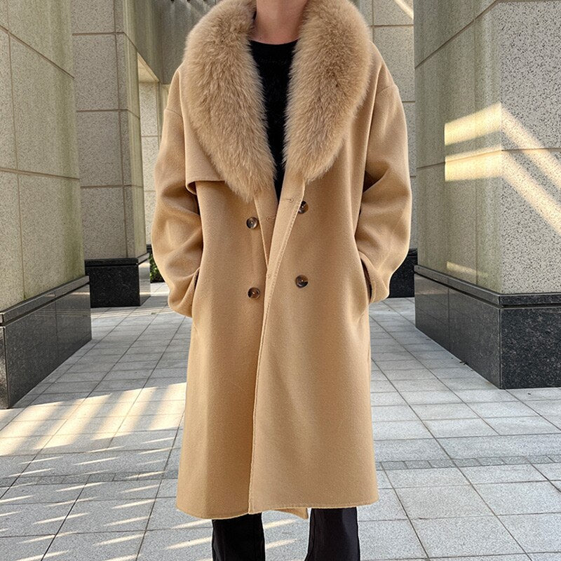 Real Wool Detachable Big Real Fox Fur Collar Long Coats