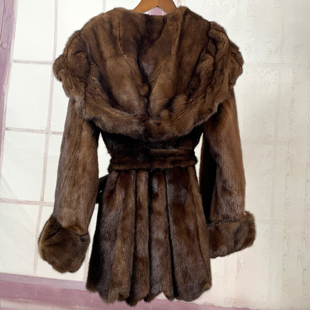 Real Mink Fur Coat With Big Hood Skirt Coats