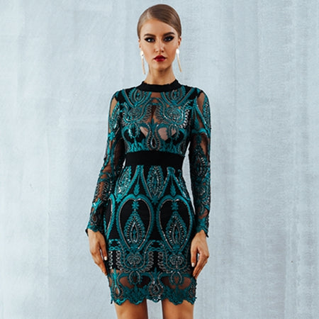 Sequin Long Sleeve Backless Hollow Mesh Mini Dress