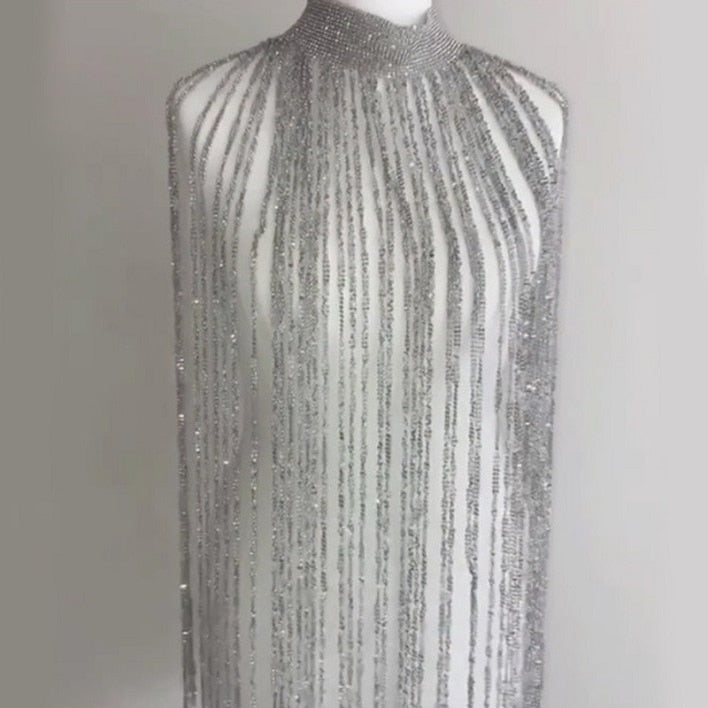 Rhinestone Turtleneck Tassel Mini Dress Drape