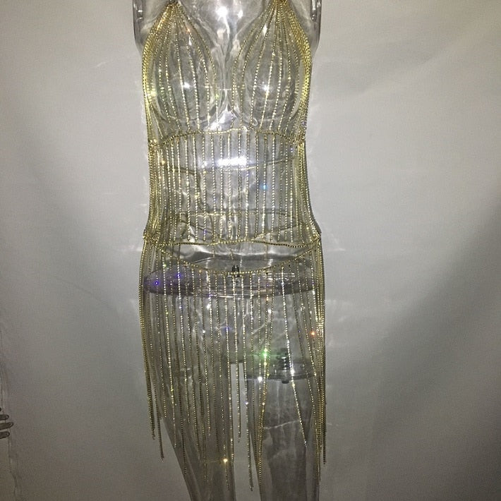 Sparkling Metal Chain Tassel Dress
