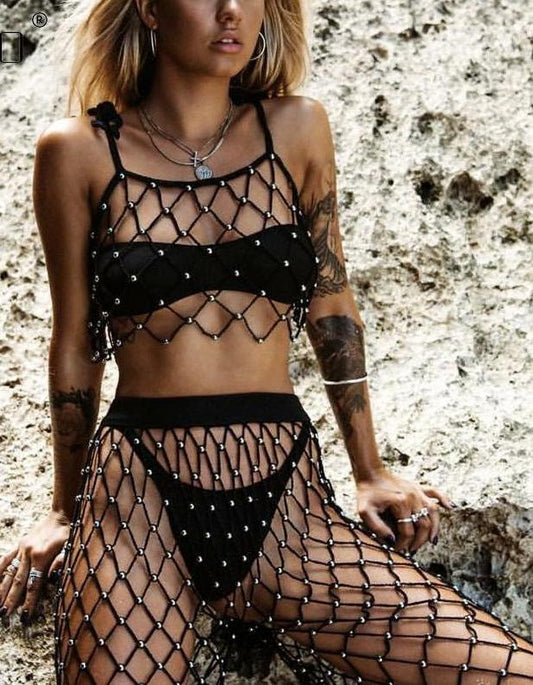 Fishnet Hollow Knitted Bead Tank Top and Loose Pants