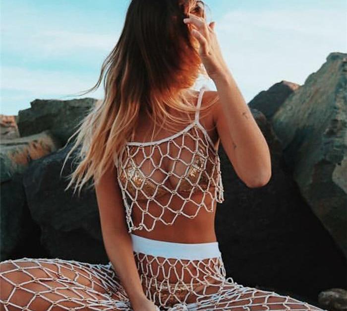Fishnet Hollow Knitted Bead Tank Top and Loose Pants
