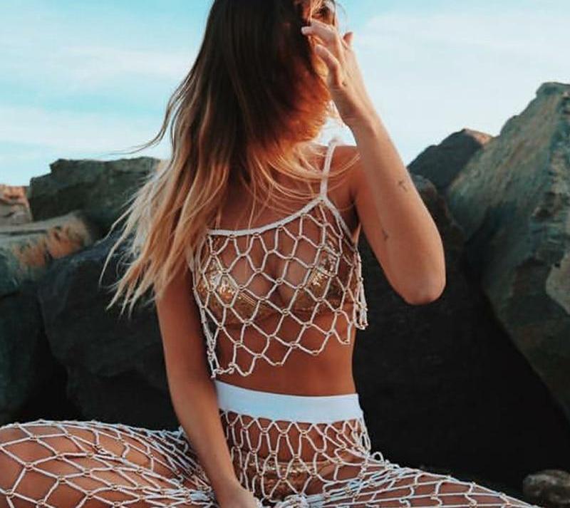 Fishnet Hollow Knitted Bead Tank Top and Loose Pants