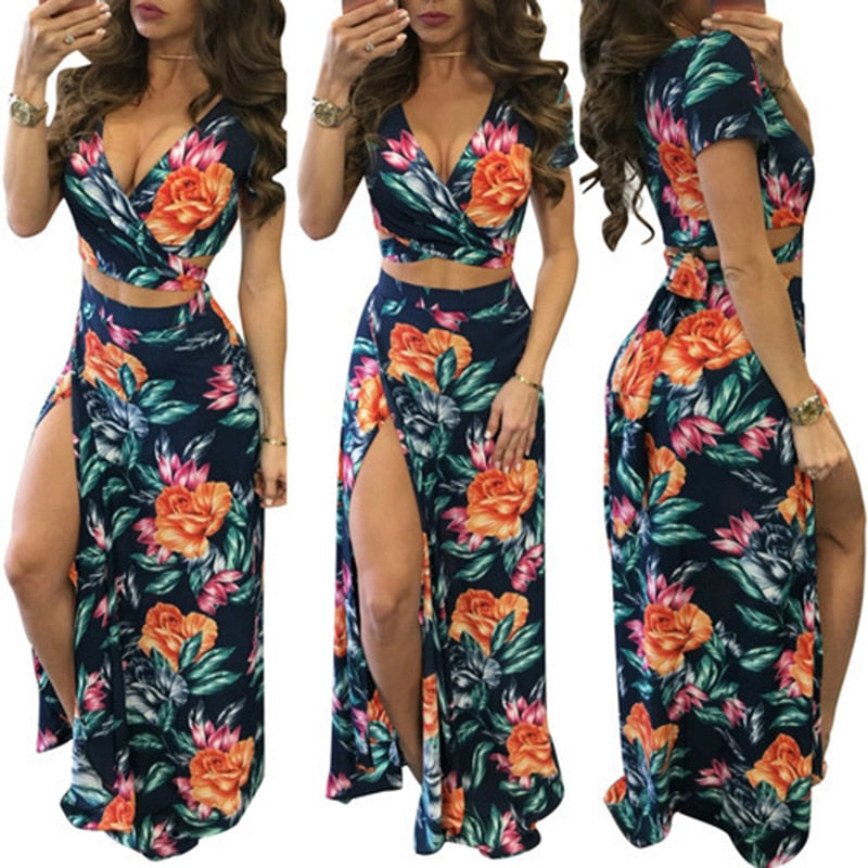 Boho Floral Print Split Maxi Dress Two Piece