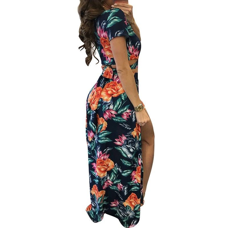 Boho Floral Print Split Maxi Dress Two Piece