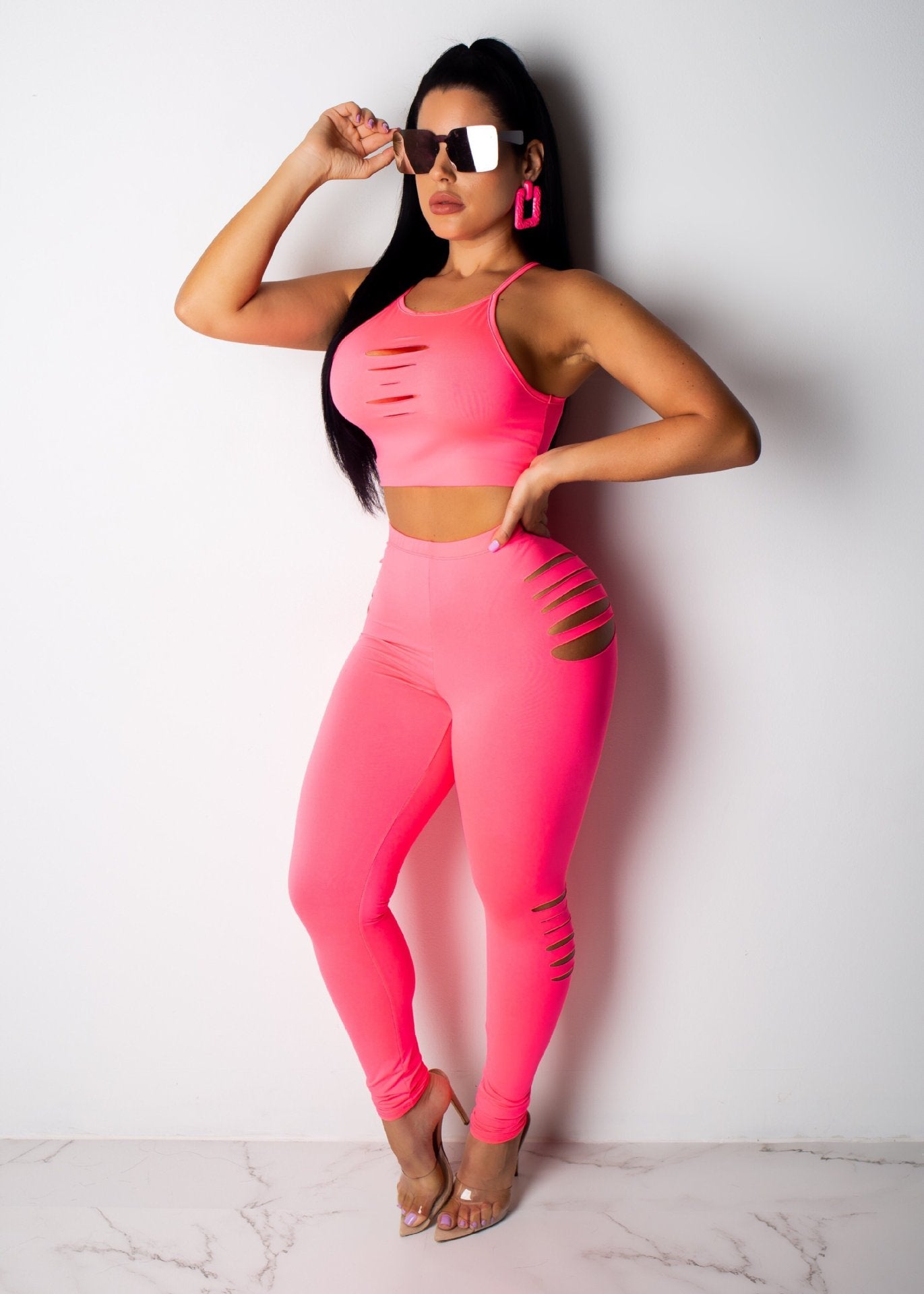 Neon Hollow Out Crop Top and Side Slice Pants