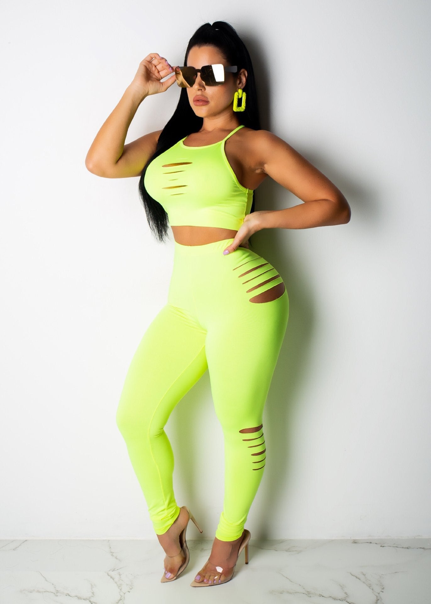Neon Hollow Out Crop Top and Side Slice Pants