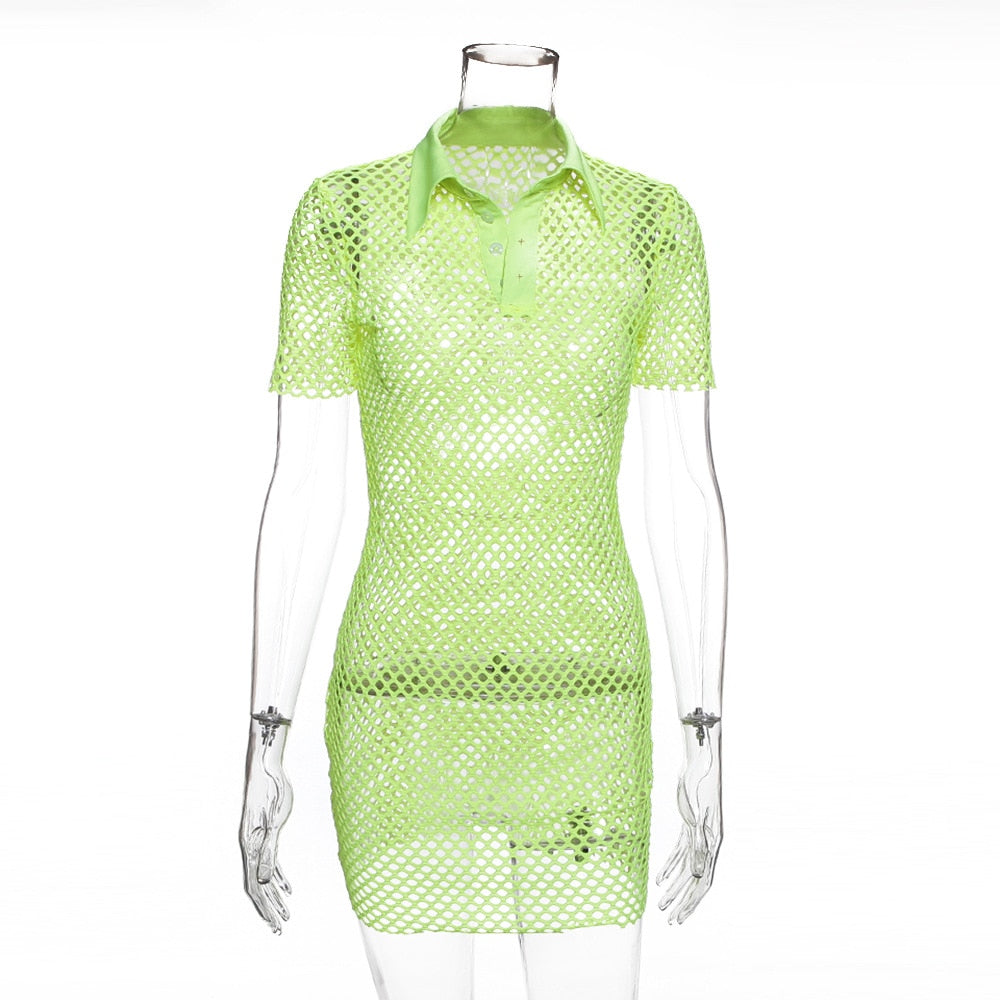Neon Green Fishnet Mesh Bodycon Mini Dress