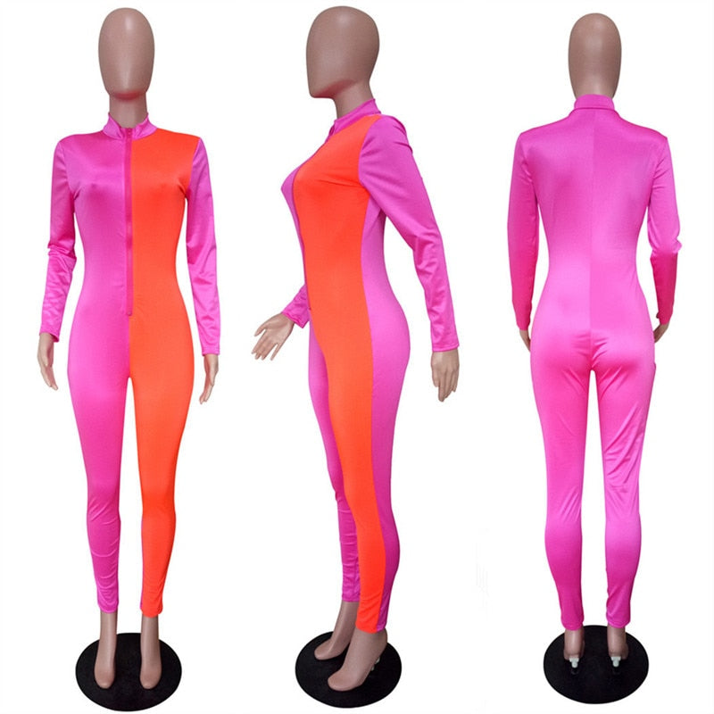 Pink Color Block Long Sleeve Front Zip Jumpsuits