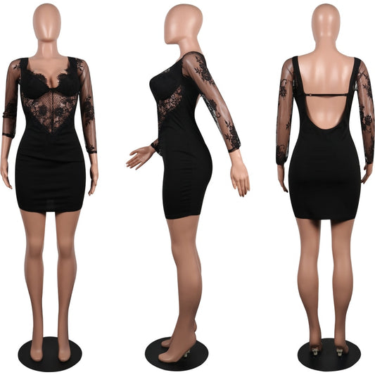 Lace Off Shoulder Long Sleeve Mini Bodycon Dresses