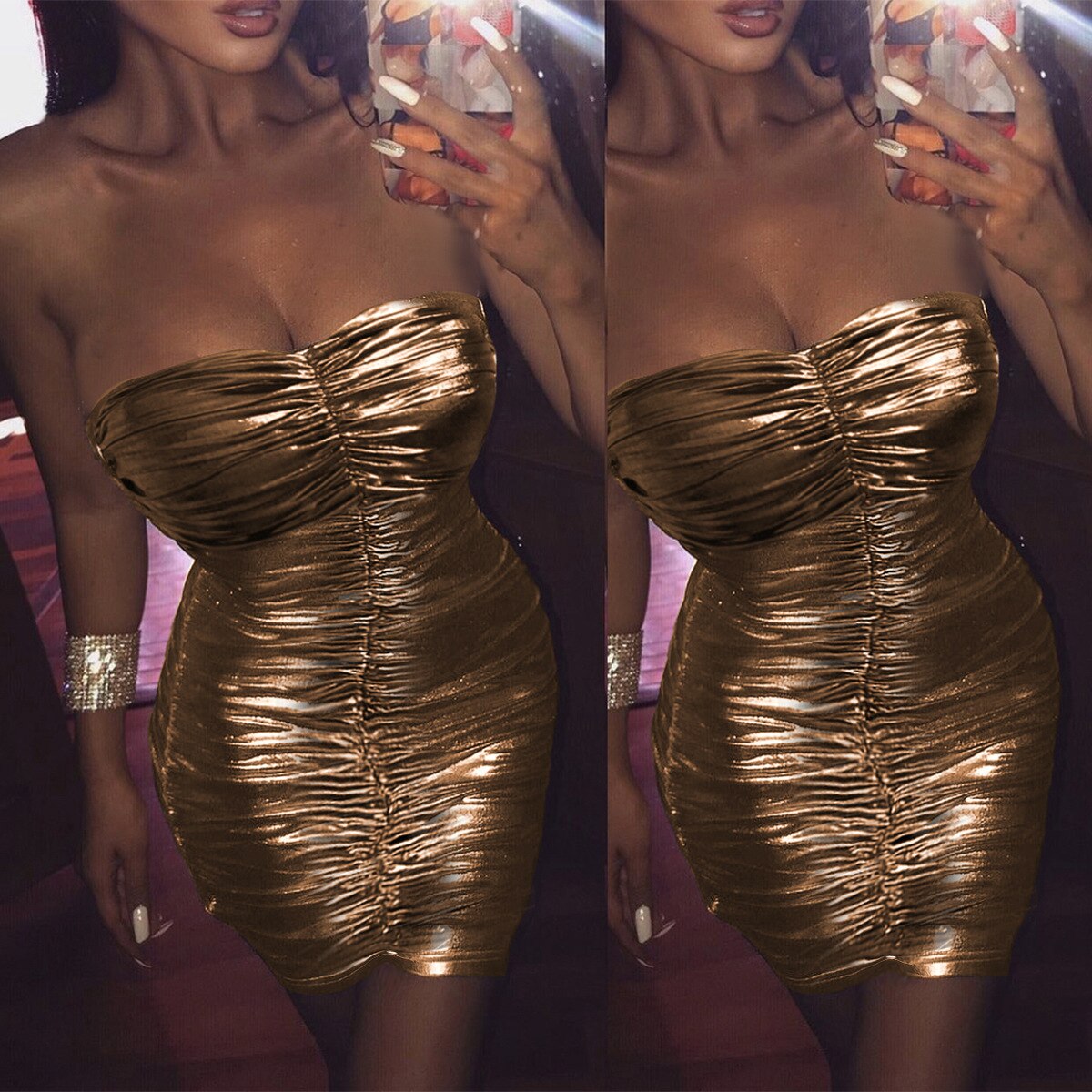 Metallic Tube Gold/Silver Ruched Mini Dresses