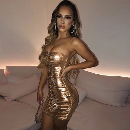 Metallic Tube Gold/Silver Ruched Mini Dresses