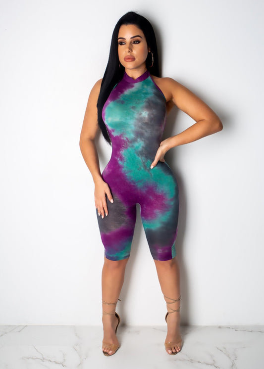 Tie Dye Halter Backless Sleeves One Piece Rompers