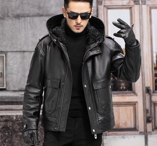 Genuine Leather Hooded Shearing Lining Coat