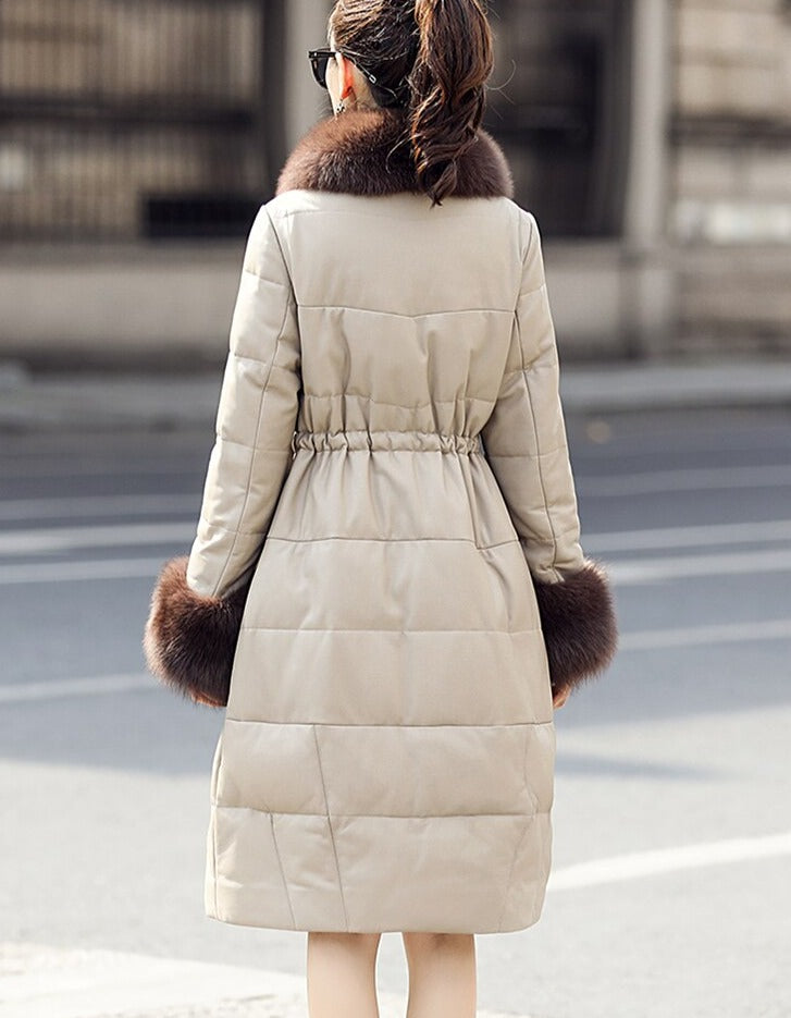 Genuine Leather Long Coat Duck Down Fur Collar