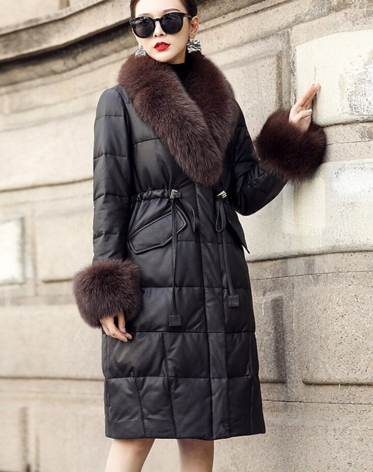 Genuine Leather Long Coat Duck Down Fur Collar