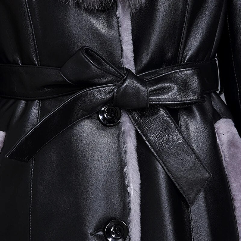 Genuine Leather Coat Real Fur Shearling Fox Fur Collar