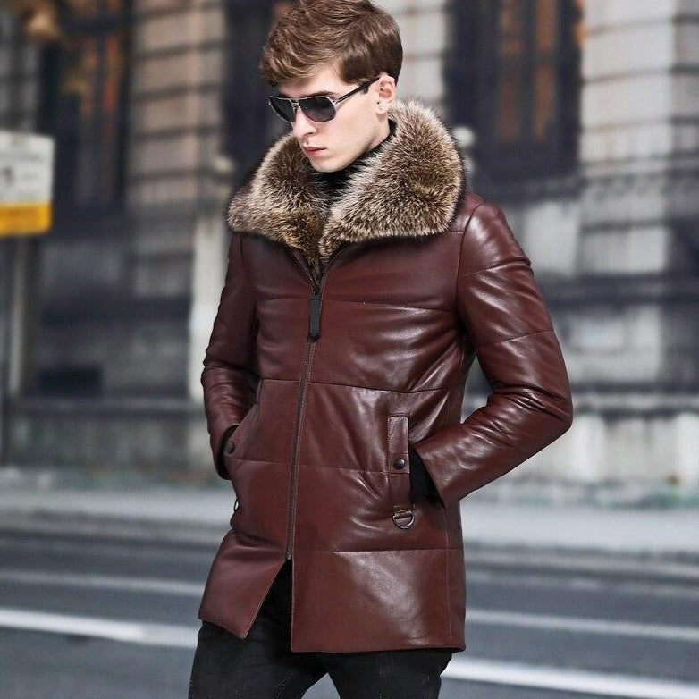 Genuine Leather Real Fox Fur Collar Down Jackets