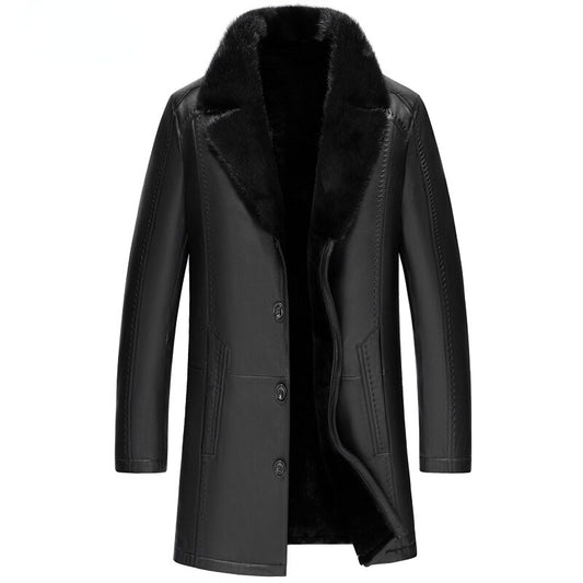 Genuine Leather Real Mink Fur Collar Shearling Lining Coat
