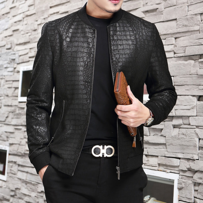 Black Croc Genuine Leather Slim Jacket