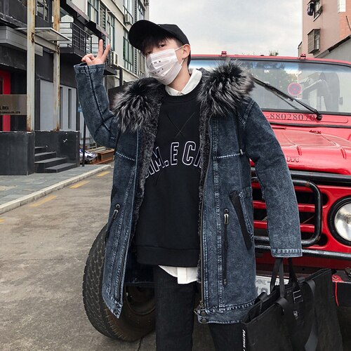Real Rabbit Liner Fox Fur Parka Long Denim Jackets