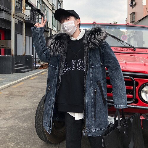 Real Rabbit Liner Fox Fur Parka Long Denim Jackets