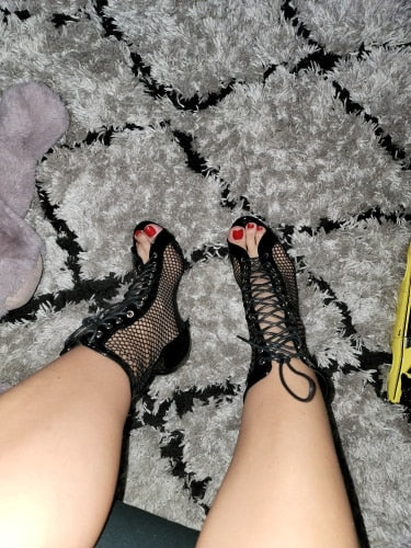 Peep Toe Net Lace Up Above Ankle High Heel Boots