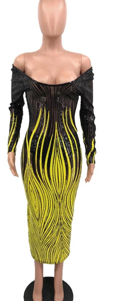 Black/Yellow Off Shoulders Sequin Bodycon Maxi Dress