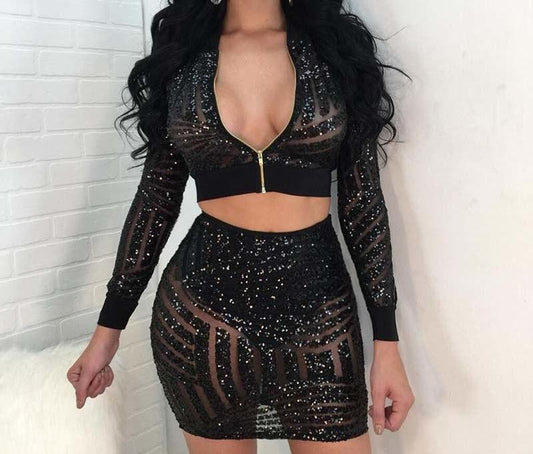 Sequin Long Sleeve Front Zipper Crop Mesh Two Piece Sets